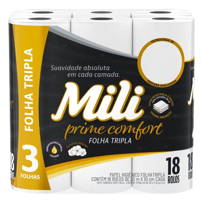 Papel Higiênico MILI Prime Comfort Folha Tripla com 18 rolos 20 Metros cada