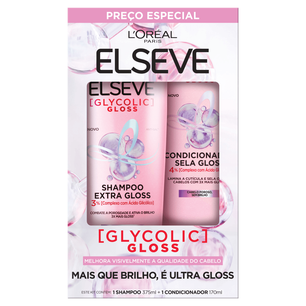 Kit ELSEVE Glycolic Gloss Shampoo 375ml + Condicionador 170ml
