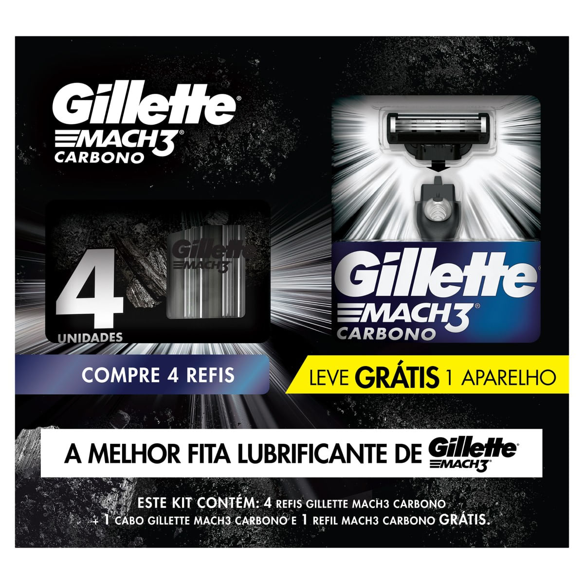 Carga GILLETTE Mach3 Carbono com 4 unidades Grátis 1 Aparelho Depilatório