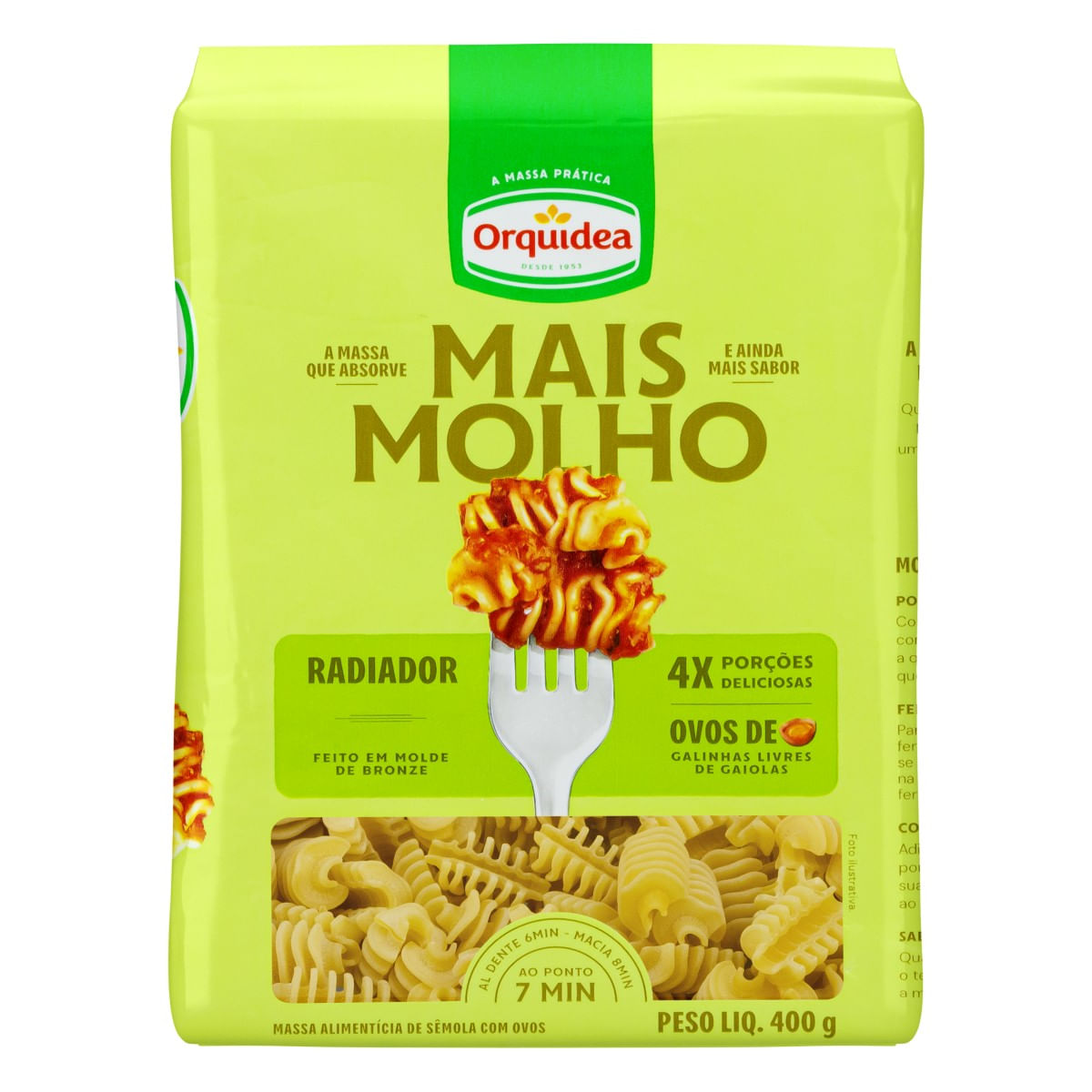 Macarrão ORQUÍDEA Mais Molho Radiador com Ovos de Galinhas Livres de Gaiolas 400g