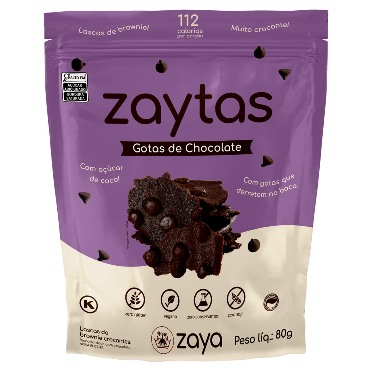 Lascas de Brownie ZAYA Zaytas Gotas de Chocolate 70% Zero Glúten,Zero Lactose e Zero Soja 80g
