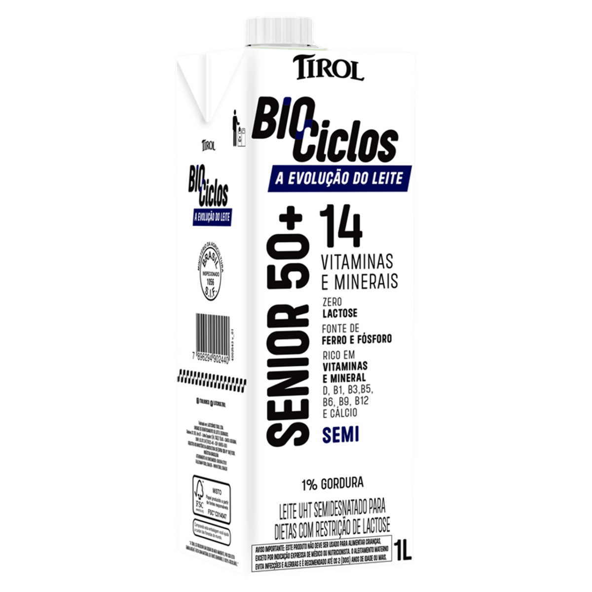 Leite TIROL Biociclos Senior 50+ Semidesnatado Zero Lactose 1l