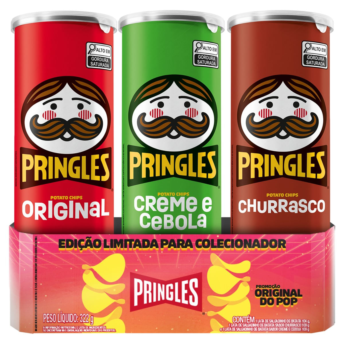 Batata PRINGLES Original 104g, Creme e Cebola 109 e Churrasco 109g Edição Limitada para Colecionador